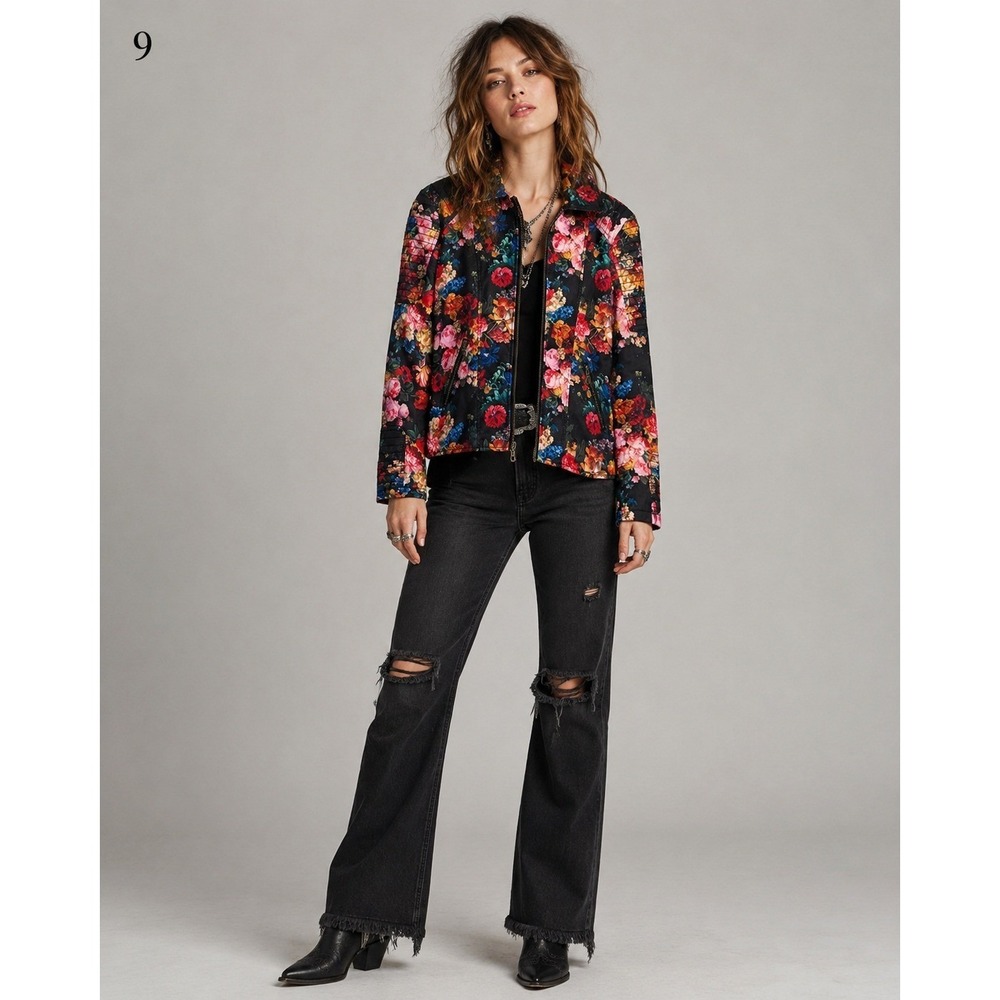 Vintage Y2K Grunge Punk A.M.I Faux Leather Moto Jacket Small Black Flower‎ Print